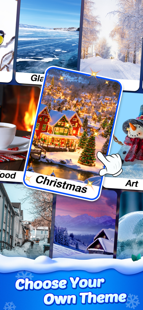 Word Crush® - Fun Puzzle Game - Mobile game screen showing a variety of seasonal background themes like Christmas and glaciers for the Word Crush app.