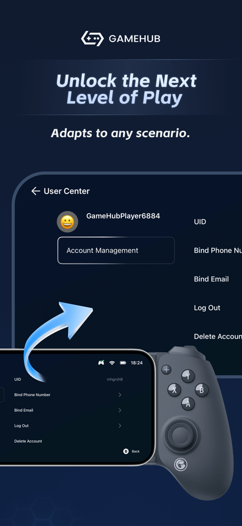 GameHub app User Center screen showing account management settings on a mobile device with a GameSir controller