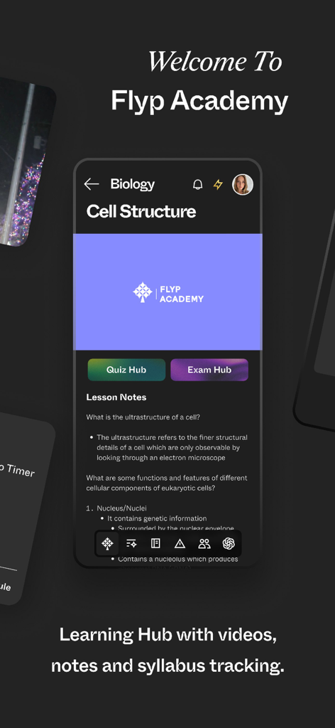 Flyp Academy - Flyp Academy app interface showing a biology lesson on cell structure with detailed notes and learning hub features