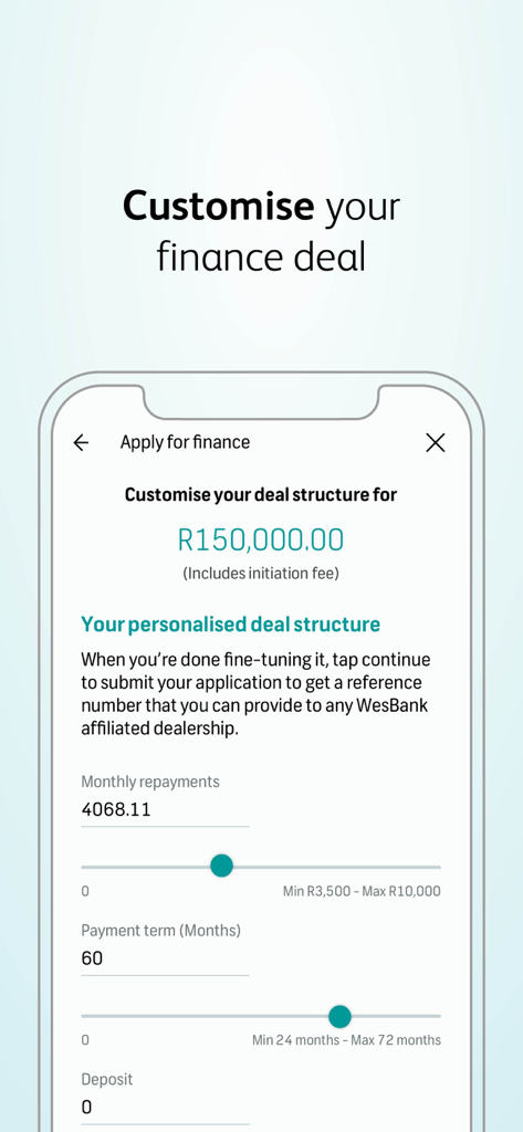 WesBank app interface showing how to customize a vehicle finance deal using sliders for monthly repayments and loan terms