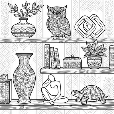 Explore a beautifully arranged collection of decorative accents, from elegant vases to charming animal figurines, perfect for a relaxing coloring experience. This page is thoughtfully designed with clear lines and engaging details, making it ideal for seniors seeking comfort and creative joy.