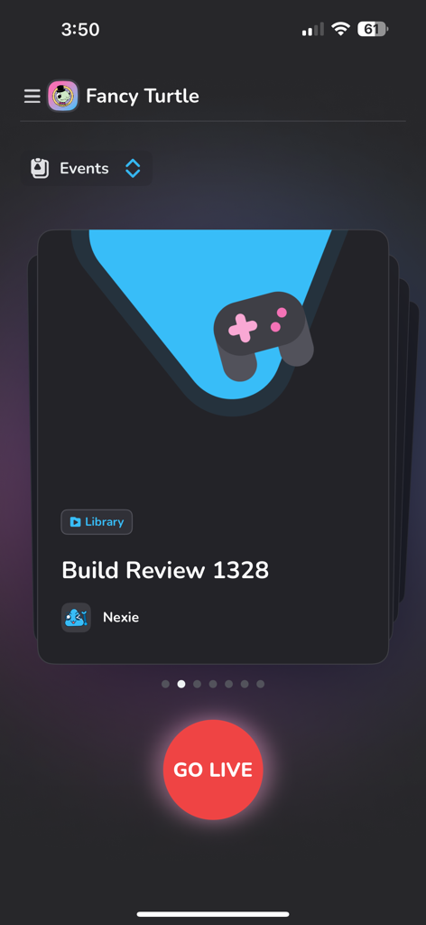 Live Aware: Mobile Streaming - Mobile interface of the Live Aware app displaying a build review event for Fancy Turtle with a red Go Live button.