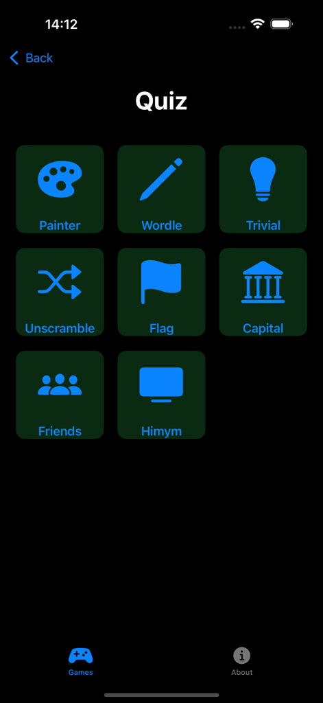 Fun Verse - A menu screen within the Fun Verse app displaying several quiz and trivia mini-game options.