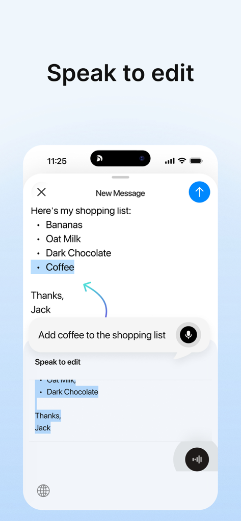 A smartphone interface showing the Typeless AI voice keyboard using the Speak to Edit feature to add an item to a shopping list.