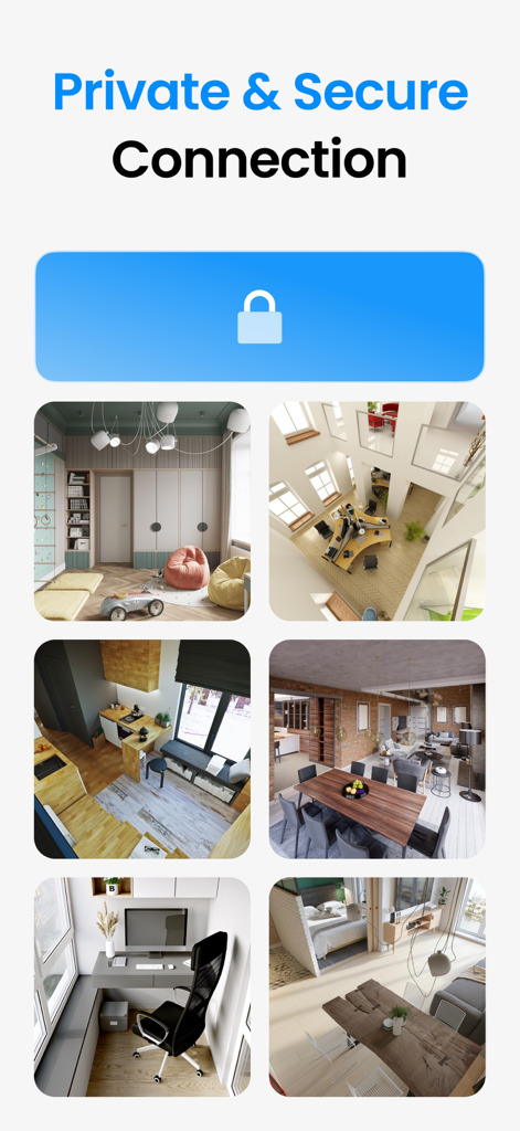 Security Camera Home App - Interfaccia di connessione privata e sicura per fotocamere di sicurezza domestica che mostra feed di più stanze