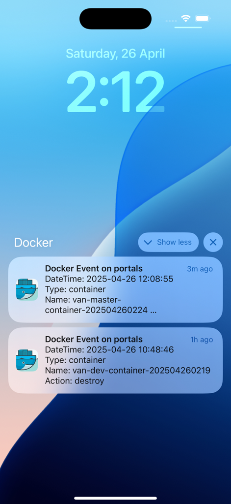 iPhone lock screen displaying real-time Docker container event notifications