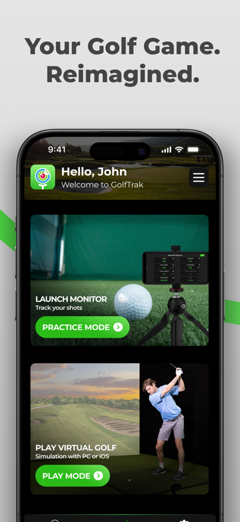 GolfTrak: Phone Launch Monitor - GolfTrak mobile app screen displaying options for practice mode launch monitor and virtual golf simulation mode.