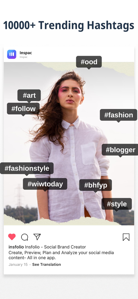 Mobile screen showing a fashion influencer photo with trending hashtag overlays like fashion blogger and style