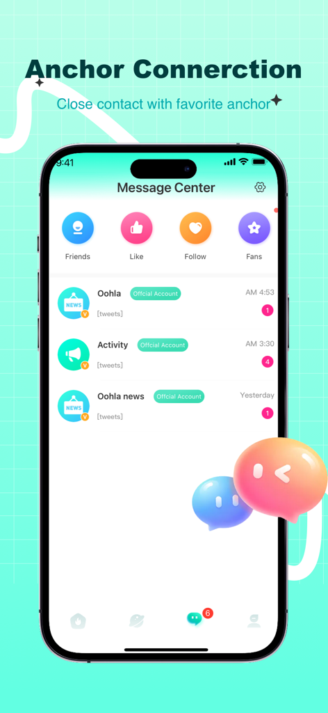 Écran du centre de messages de l'application Oohla montrant les notifications des comptes officiels et les catégories d'interactions sociales comme les amis et les fans