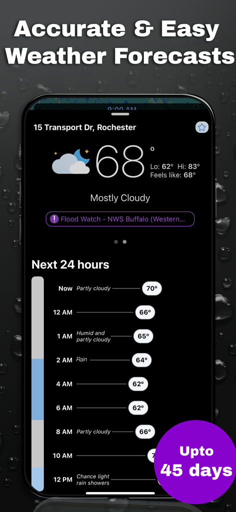 SkyFlip weather app displaying current 68 degree temperature and next 24 hour hourly forecast on a dark UI
