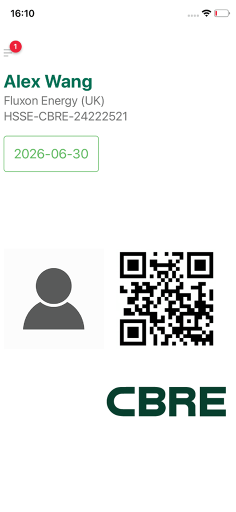 Digital safety passport in the CBRE SAFE app showing user credentials and a QR code