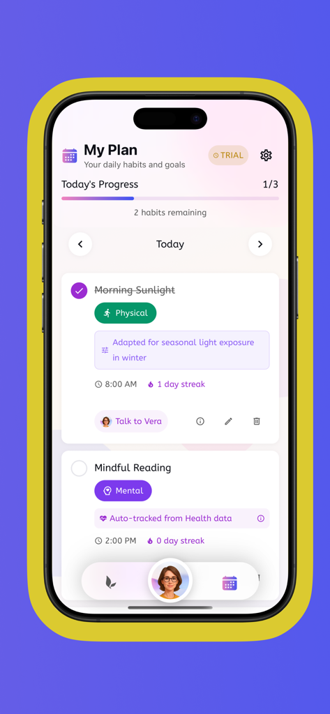 Spring for more healthy years - A smartphone screenshot showing the Spring app My Plan screen with daily habits for physical and mental health such as morning sunlight and mindful reading
