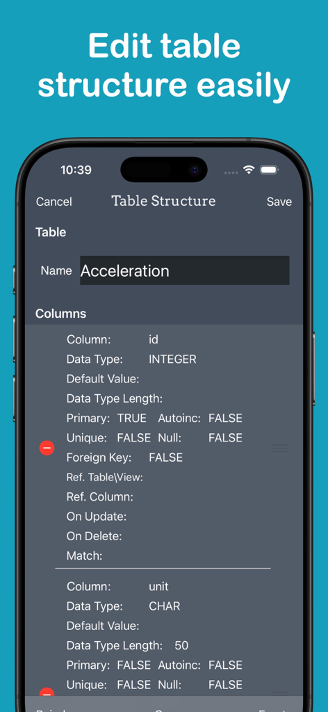 Interfaz de la aplicación SQLed mostrando el editor de estructura de tablas de una base de datos SQLite en un iPhone