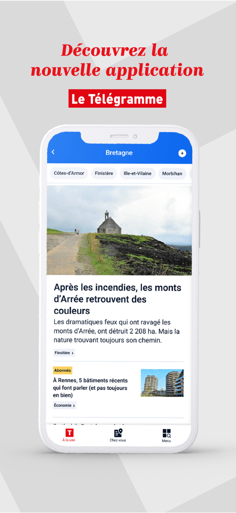 Le Télégramme - Info Bretagne - Interface of the Le Telegramme mobile app showing regional news from Brittany France