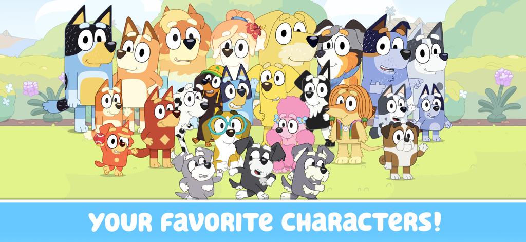 Un grupo de personajes populares de la serie de televisión Bluey reunidos en un campo verde en la aplicación Bluey Let's Play.