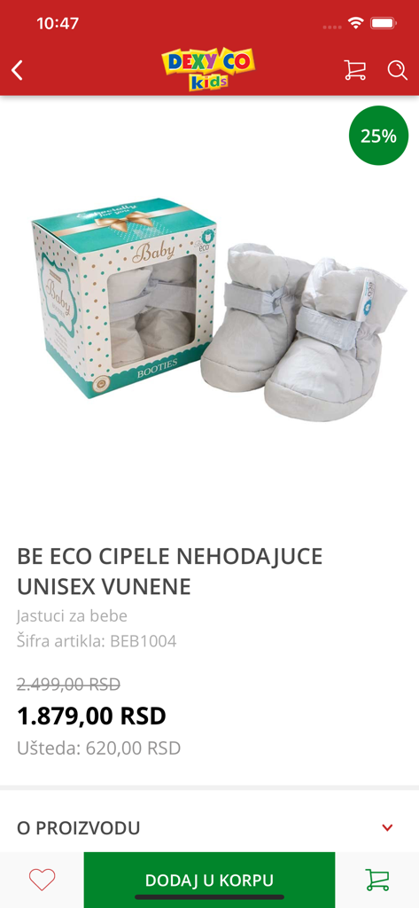 Dexy Co - Product page for unisex wool baby booties on the Dexy Co shopping app showing a 25 percent discount