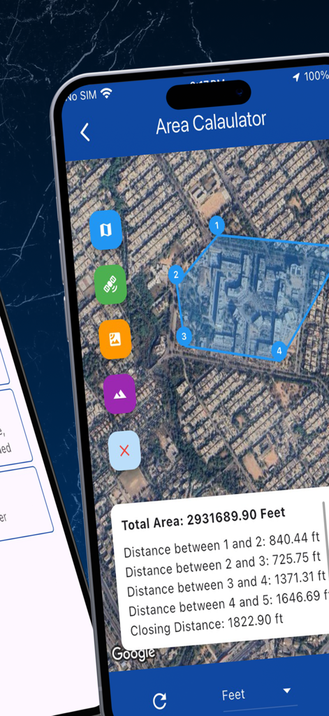Interfaz de la aplicación Calculadora de Área GPS que muestra la medición de tierra en un mapa satelital