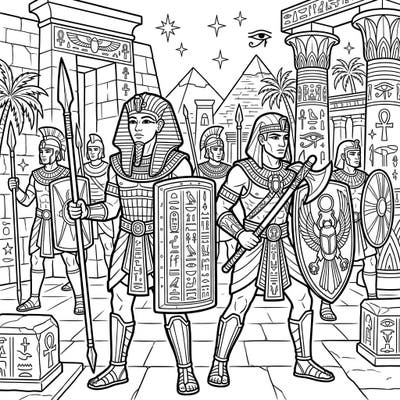 Step back in time to ancient Egypt with this captivating coloring page featuring brave warriors and majestic pharaohs. Immerse yourself in a world of historical power and intricate details, ready for your artistic touch.