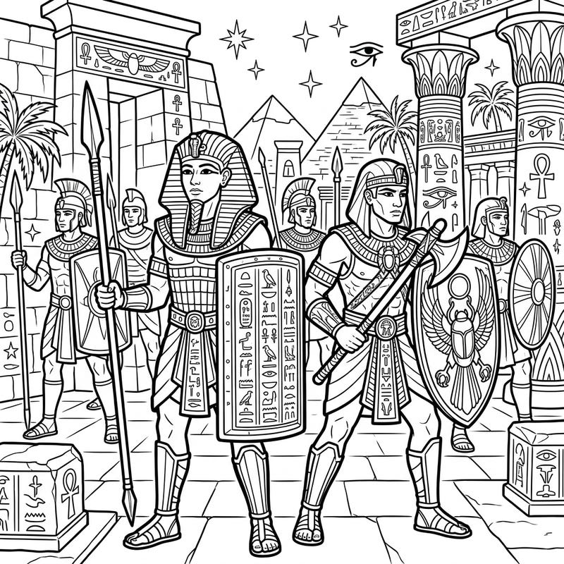 Step back in time to ancient Egypt with this captivating coloring page featuring brave warriors and majestic pharaohs. Immerse yourself in a world of historical power and intricate details, ready for your artistic touch.