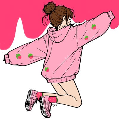 realistic girl jumping with a bun and oversized sweatshirt