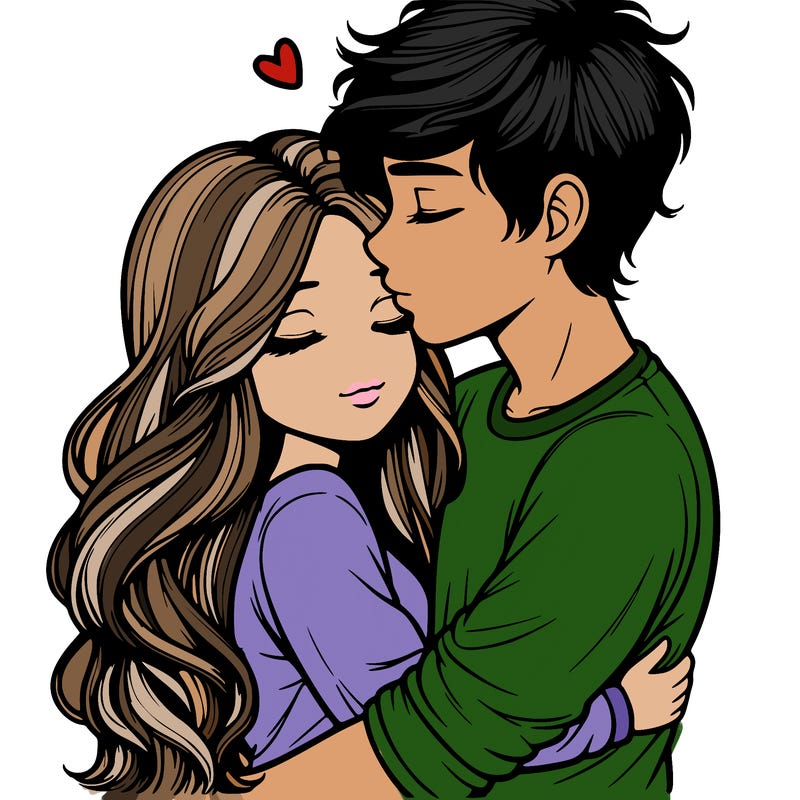 a realistic couple boy and girl hugging and kissing