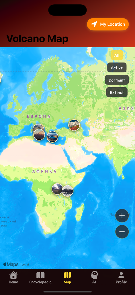 Interface showing a world map with pins for active and dormant volcanoes and status filters