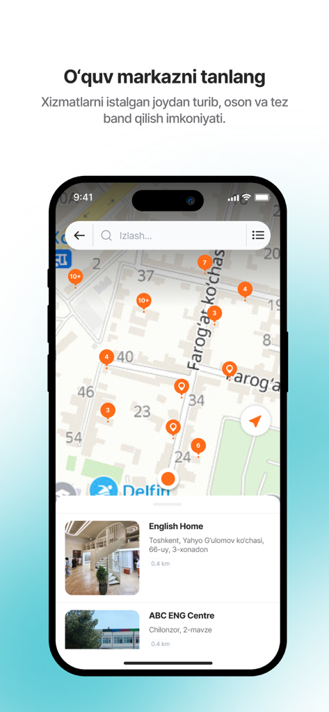 yonda.uz - Map interface of the Yonda app displaying nearby education and training centers