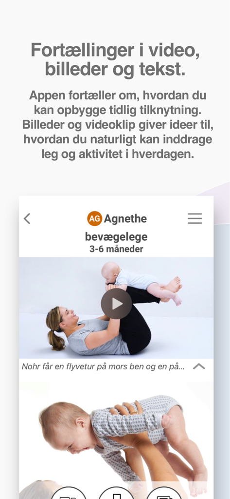 Lille menneske 0-3 år - Captura de pantalla de la aplicación Lille menneske con guías de video para juegos de movimiento para bebés y ejercicios de desarrollo