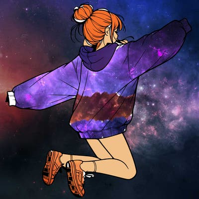 realistic girl jumping with a bun and oversized sweatshirt