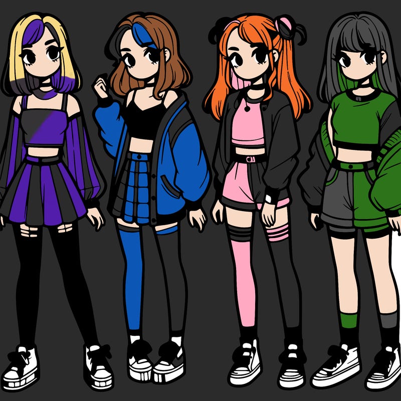 one girl with crop-top shirt and a jacket with a skirt, long socks and another girl with a shirt and pants with a jacket