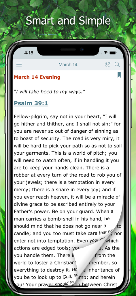 Morning and Evening Devotion app interface showing a daily reading from Psalm 39 by Spurgeon
