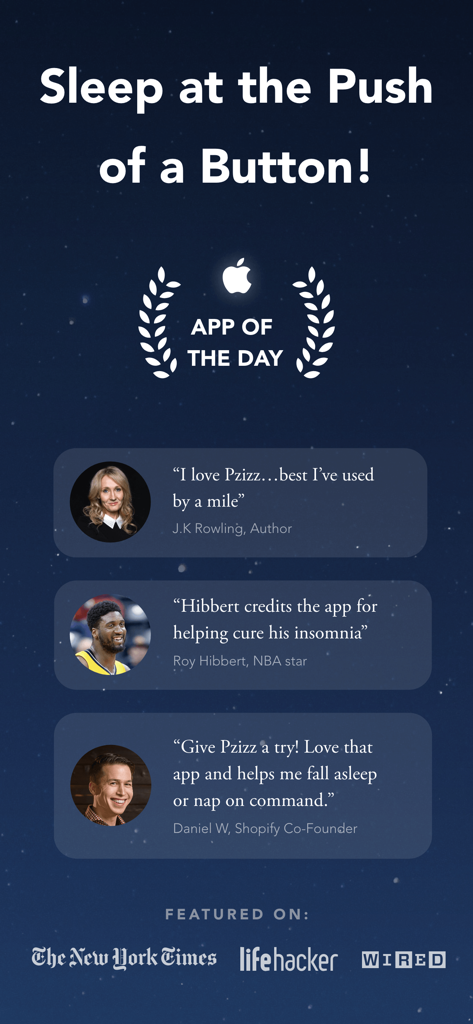 Pzizz - Sleep, Nap, Focus - Pantalla promocional de la aplicación Pzizz con testimonios de celebridades y premio App del Día