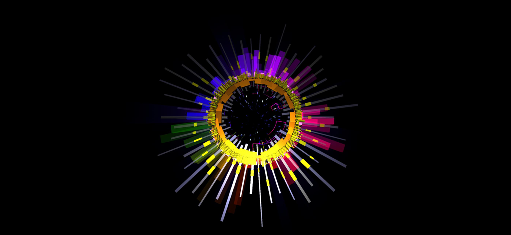 Un visualizzatore audio circolare vibrante con barre di spettro multicolore su sfondo nero