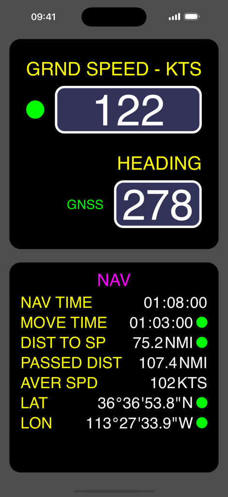 Una interfaz de navegación digital que muestra la velocidad terrestre, el rumbo y las estadísticas de la sesión para vuelo y navegación.