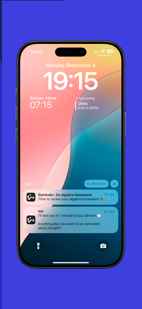 AI Companion app - WitAI Agent - iPhone lock screen showing smart notifications and reminders from the Wit AI Agent app