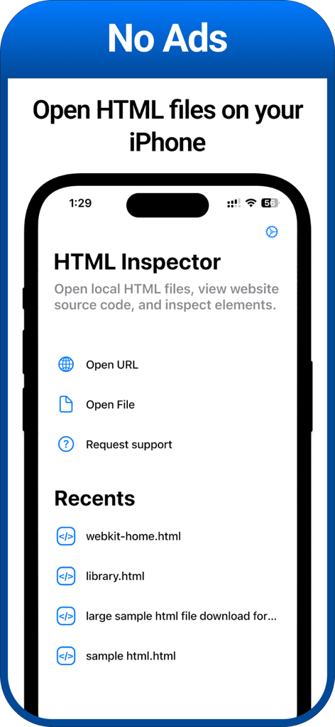 iPhoneのHTML Viewerアプリのホーム画面。URLやローカルファイルを開くオプションと、最近のHTMLドキュメントのリストが表示されます。