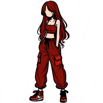 girl in baggy pants crop top and long hair