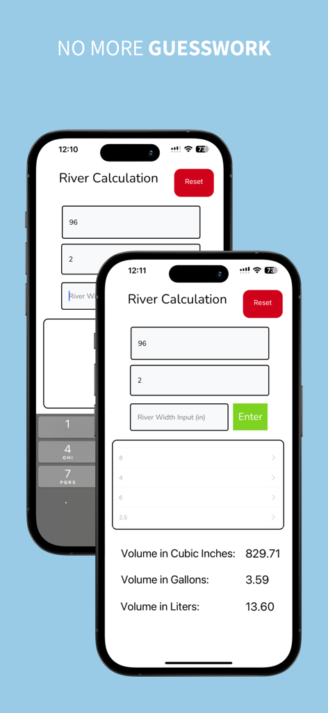 Screenshots of the Epoxy River Calculator app showing dimensions input and calculated resin volume in gallons and liters.
