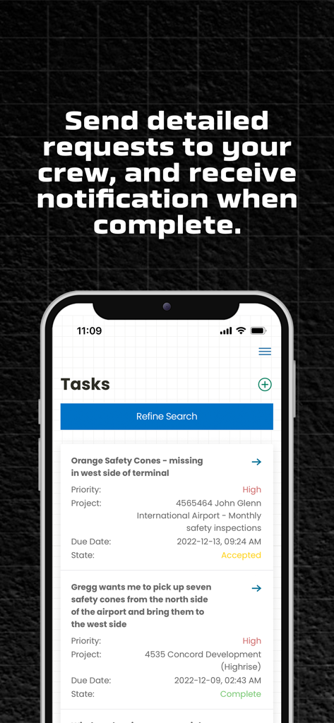 Corfix mobile app Tasks screen showing detailed crew requests and status notifications