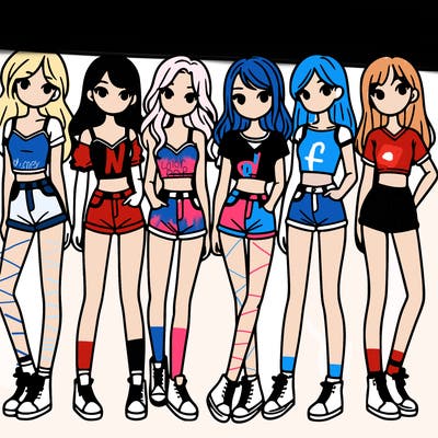 a group of girls wearing crop tops and shorts