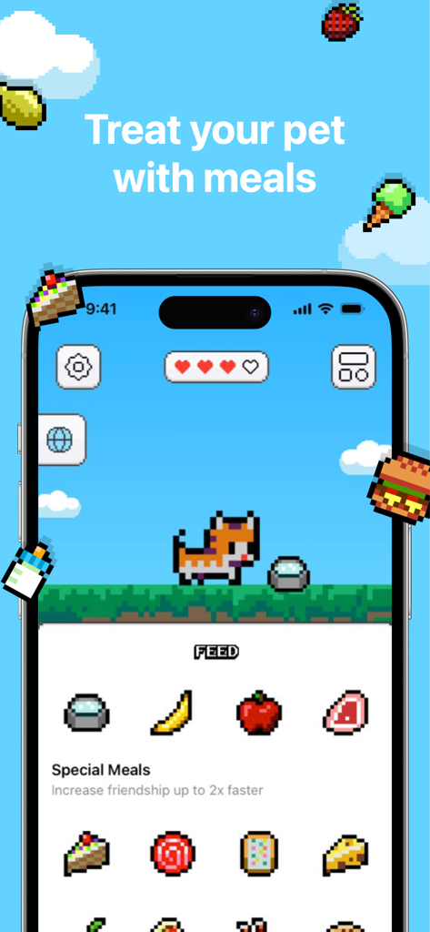 Pixel Pets - Cute, Widget, App - A pixel art cat on a grassy field with a menu of various food items to feed it in the Pixel Pets app