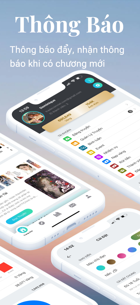 TruyenHD - Đọc Truyện Full - Screenshots of the TruyenHD app displaying user profile, notifications, and settings.