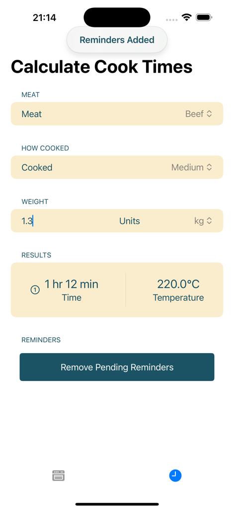 Cook Times Calculator - Cook Times Calculator app interface showing roast beef cooking time and temperature