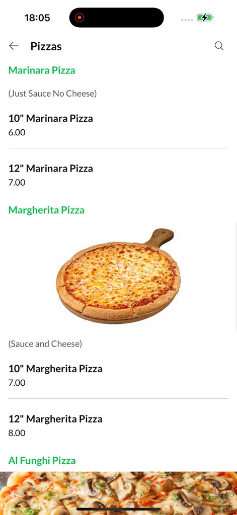 La schermata del menu della pizza dell'app mobile Jefes Grill che mostra varie opzioni e foto di pizza