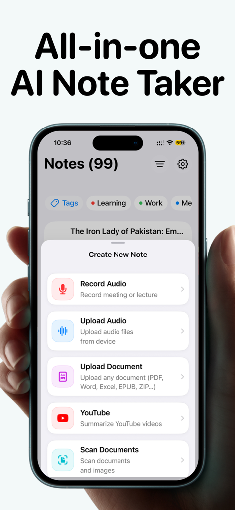 Noota - AI Note Taker - Noota AI Note Taker app screen showing options to create notes from audio recordings, documents, and YouTube videos