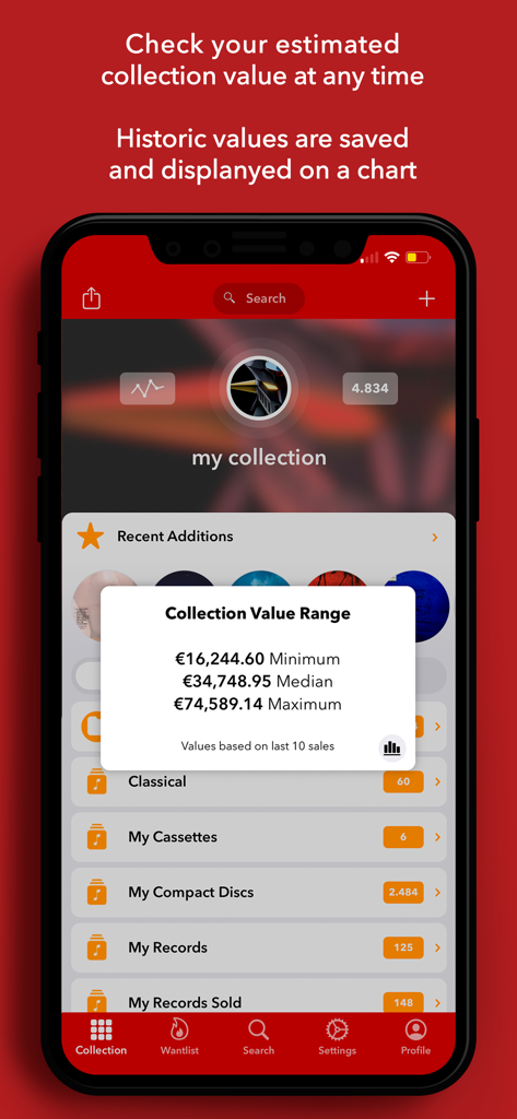 Discographic for Discogs - Interfaccia dell'app Discographic che mostra il valore finanziario stimato per una collezione di musica fisica.