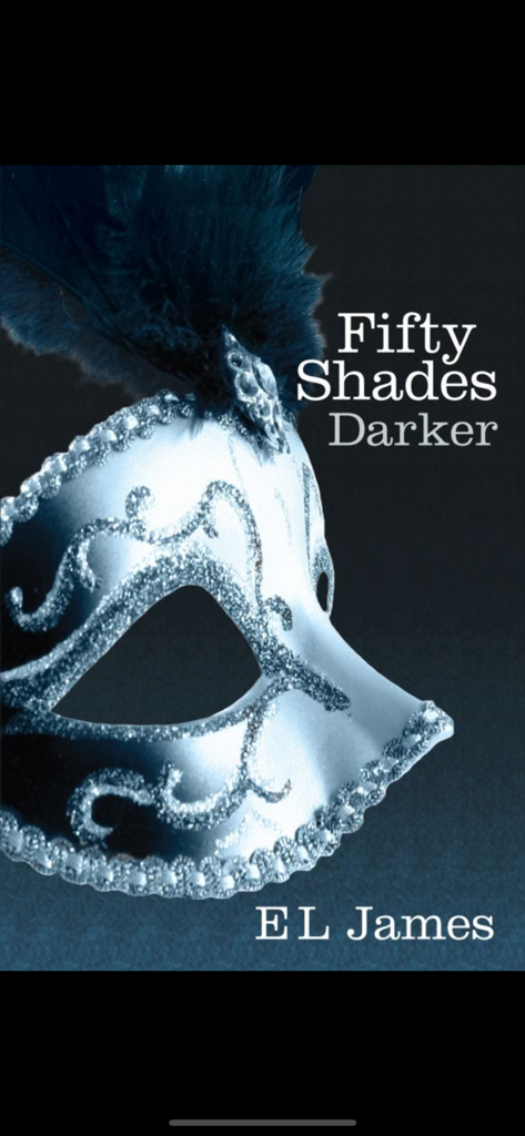 Book cover of Fifty Shades Darker by E L James featuring a decorative silver mask with a black feather