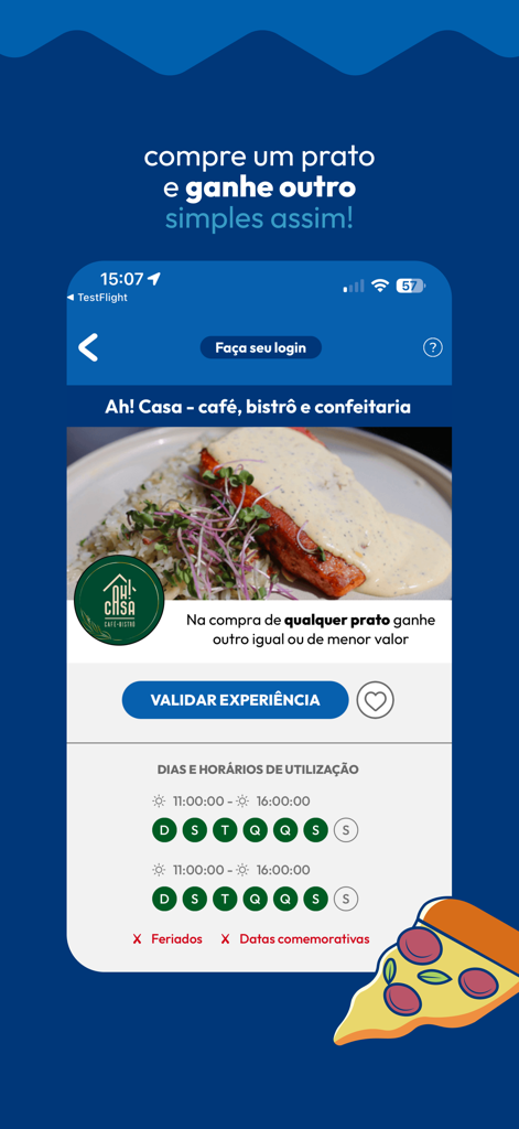 App interface of Tour Grande POA displaying a buy one get one free restaurant coupon