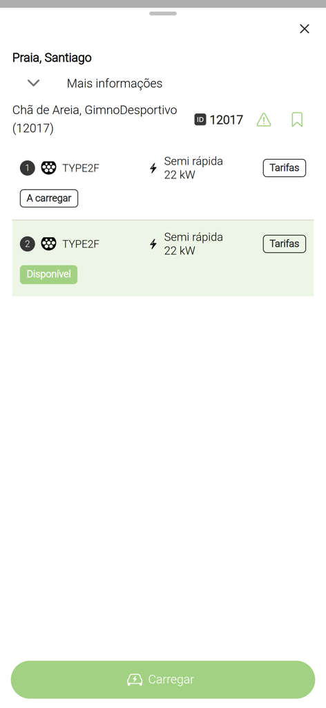 TECV - TECV app screen showing status and power levels for electric vehicle charging connectors at a specific location