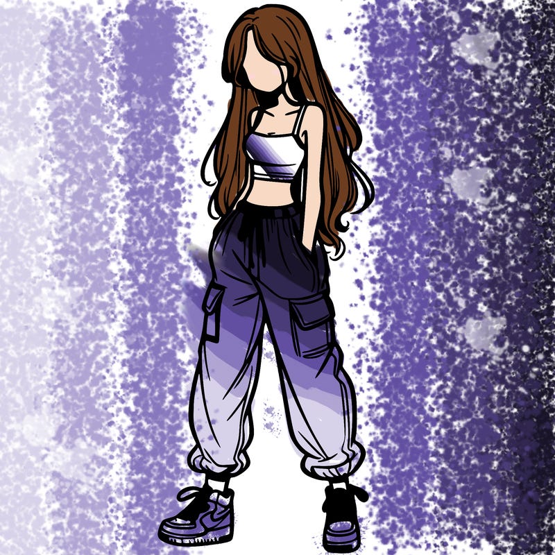 girl in baggy pants crop top and long hair